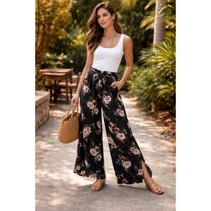Jules Black Floral Belted Flowing Wide-Leg Pants XL | Boho Resort Casual Ankle